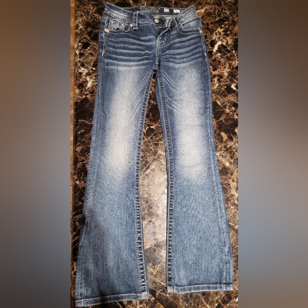 Miss Me Feather Wings Low Rise Bootcut Jeans sz 25 Medium dark wash Embroidered